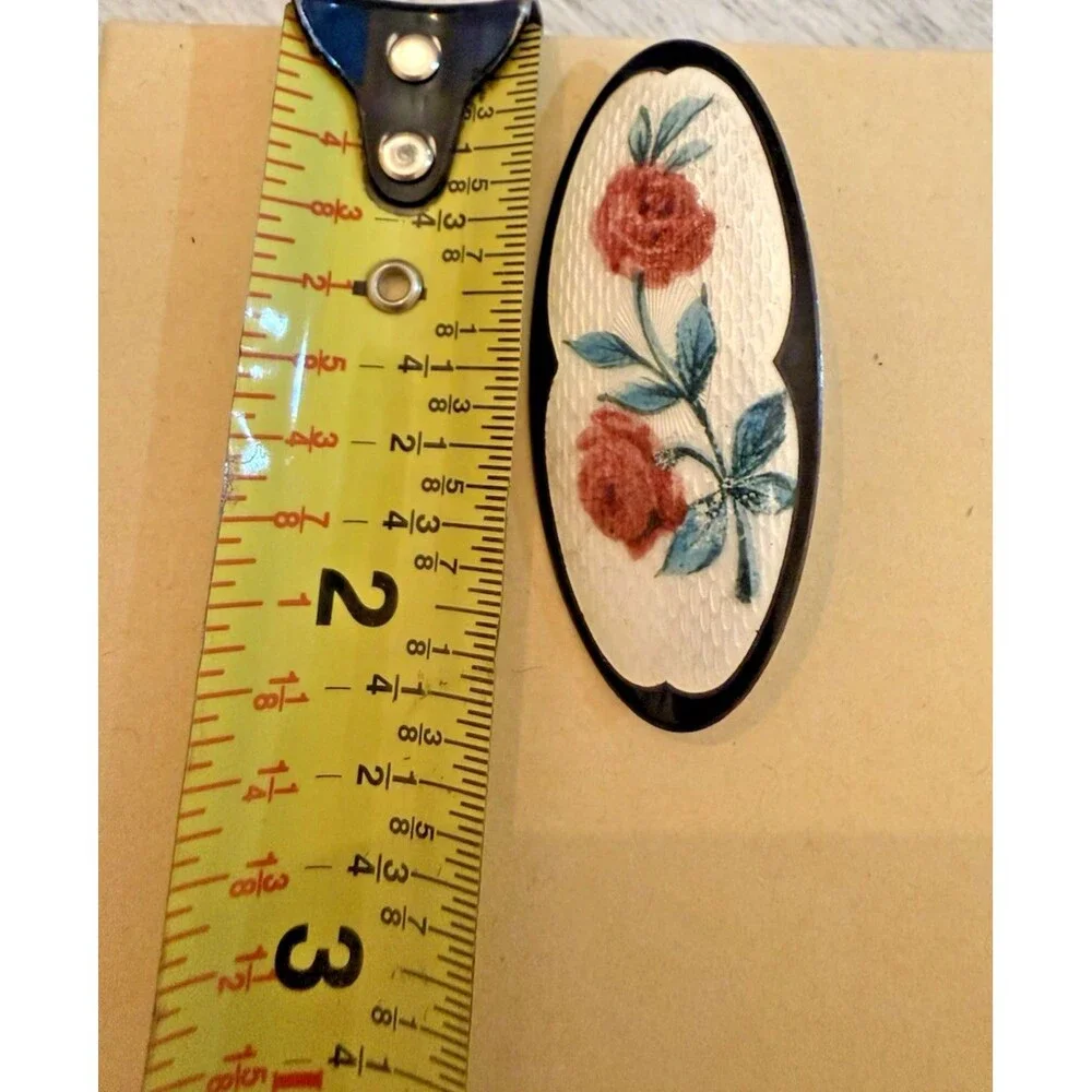 Vintage Scandinavian Sterling Silver Guilloche Enamel Rose Brooch Hand Painted